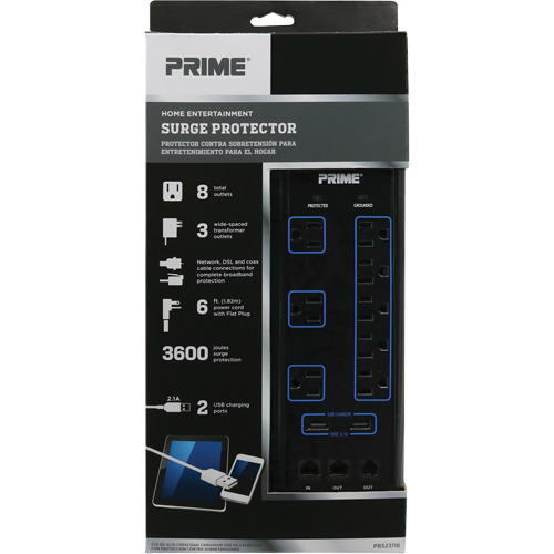 Limiteurs de surtension avec chargeur USB, 8 Prises, 3600 J, 1875 W, Cordon 6' Auto-Cam