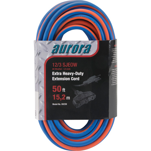 TPE-Rubber Extension Cord with Light Indicator, All-Weather, SJEOW, 12/3 AWG, 15 A, 3 Outlet(s), 50' Auto-Cam