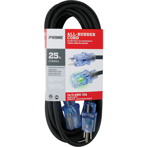 All-Rubber Extension Cord, Outdoor, SJOOW, 14/3 AWG, 15 A, 25' Auto-Cam