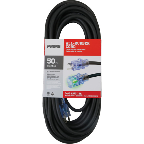 All-Rubber Extension Cord, Outdoor, SJOOW, 14/3 AWG, 15 A, 50' Auto-Cam