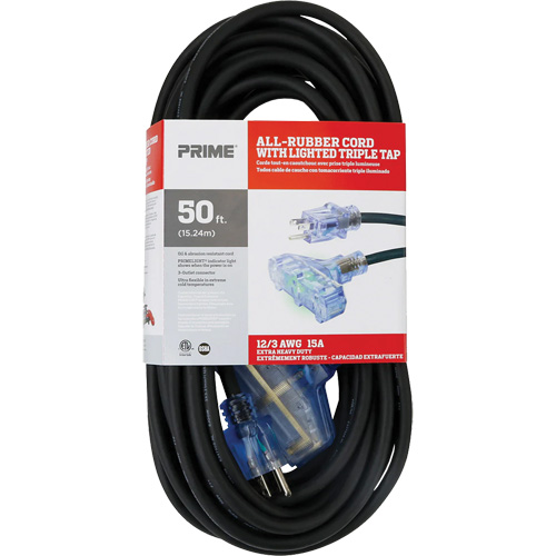 All-Rubber Extension Cord, Outdoor, SJOOW, 12/3 AWG, 15 A, 3 Outlet(s), 50' Auto-Cam