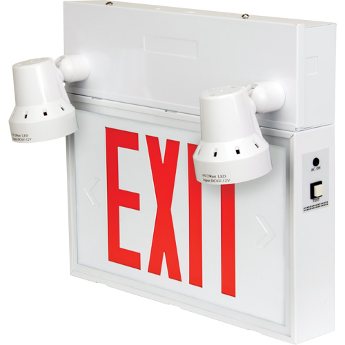 Exit Sign with Security Lights, LED, Battery Operated/Hardwired, 12-1/10" L x 11" W, English Auto-Cam
