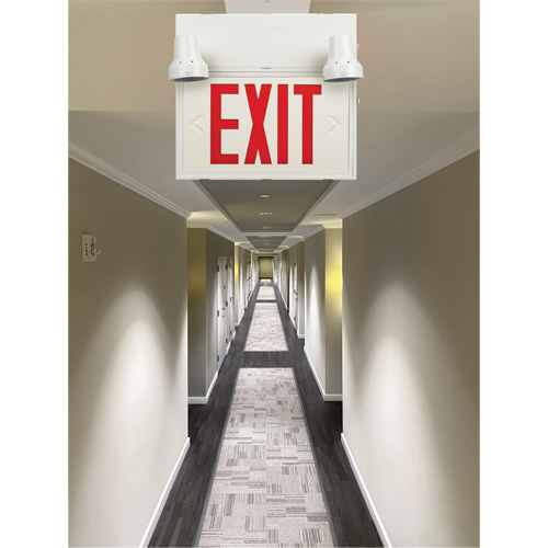 Exit Sign with Security Lights, LED, Battery Operated/Hardwired, 12-1/10" L x 11" W, English Auto-Cam
