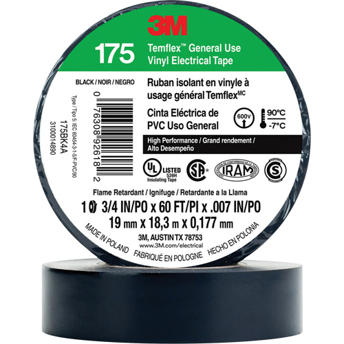 Temflex General Use Vinyl Electrical Tape 175, 19 mm (3/4") x 18 M (60'), Black, 7 mils Auto-Cam