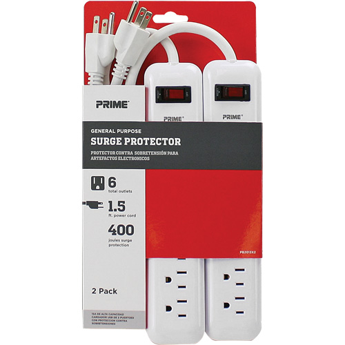 Barre multiprise limiteur de surtension, paquet de 2, 6 Prises, 400 J, 1875 W, Cordon 1,5' Auto-Cam