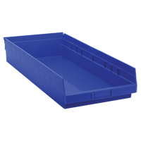 Shelf Bins, 11-1/8" W x 4" H x 23-5/8" D, Blue, 50 lbs. Capacity Auto-Cam