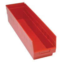 Store More Plastic Shelf Bins, 6-5/8" W x 6" H x 23-5/8" D, Red, 90 lbs. Capacity Auto-Cam