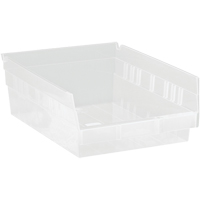Shelf Bins, 8-3/8" W x 4" H x 11-5/8" D, Clear, 30 lbs. Capacity Auto-Cam