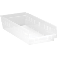 Shelf Bins, 8-3/8" W x 4" H x 17-7/8" D, Clear, 40 lbs. Capacity Auto-Cam