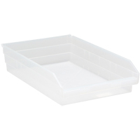 Shelf Bins, 11-1/8" W x 4" H x 17-7/8" D, Clear, 40 lbs. Capacity Auto-Cam