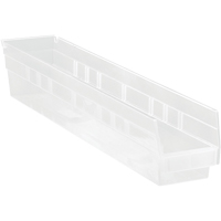 Shelf Bins, 4-1/8" W x 4" H x 23-5/8" D, Clear, 50 lbs. Capacity Auto-Cam