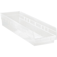 Shelf Bins, 6-5/8" W x 4" H x 23-5/8" D, Clear, 50 lbs. Capacity Auto-Cam