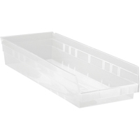 Shelf Bins, 8-3/8" W x 4" H x 23-5/8" D, Clear, 50 lbs. Capacity Auto-Cam