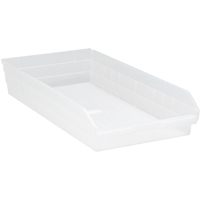 Shelf Bins, 11-1/8" W x 4" H x 23-5/8" D, Clear, 50 lbs. Capacity Auto-Cam