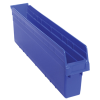 Store-Max Shelf Bins, 4-3/8" W x 8" H x 23-5/8" D, Blue, 68 lbs. Capacity Auto-Cam