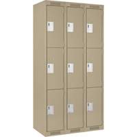 Clean Line Lockers, 3 -tier, Bank of 3, 36" x 18" x 72", Steel, Beige, Rivet (Assembled) Auto-Cam