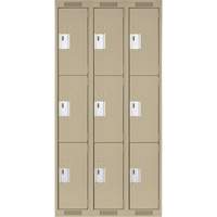 Clean Line Lockers, 3 -tier, Bank of 3, 36" x 18" x 72", Steel, Beige, Rivet (Assembled) Auto-Cam