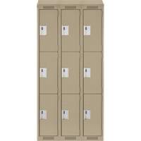Clean Line Lockers, 3 -tier, Bank of 3, 36" x 18" x 78", Steel, Beige, Rivet (Assembled) Auto-Cam