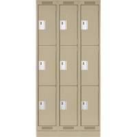 Clean Line Lockers, 3 -tier, Bank of 3, 36" x 18" x 76", Steel, Beige, Rivet (Assembled) Auto-Cam