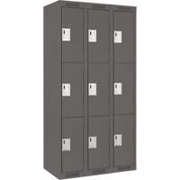 Clean Line Lockers, 3 -tier, Bank of 3, 36" x 18" x 72", Steel, Charcoal, Rivet (Assembled) Auto-Cam