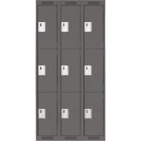 Clean Line Lockers, 3 -tier, Bank of 3, 36" x 18" x 72", Steel, Charcoal, Rivet (Assembled) Auto-Cam