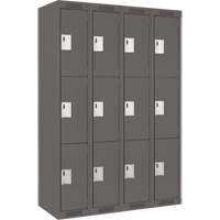 Clean Line Lockers, 3 -tier, Bank of 4, 48" x 18" x 72", Steel, Charcoal, Rivet (Assembled) Auto-Cam