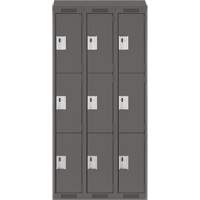 Clean Line Lockers, 3 -tier, Bank of 3, 36" x 18" x 78", Steel, Charcoal, Rivet (Assembled) Auto-Cam