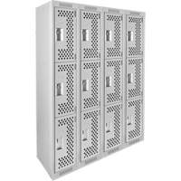 Clean Line Lockers, 3 -tier, Bank of 4, 48" x 12" x 72", Steel, Grey, Rivet (Assembled), Perforated Auto-Cam