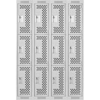 Clean Line Lockers, 3 -tier, Bank of 4, 48" x 12" x 72", Steel, Grey, Rivet (Assembled), Perforated Auto-Cam