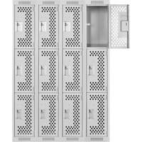 Clean Line Lockers, 3 -tier, Bank of 4, 48" x 12" x 72", Steel, Grey, Rivet (Assembled), Perforated Auto-Cam