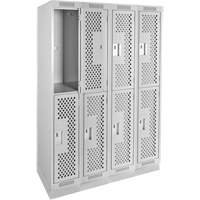 Clean Line Lockers, 2 -tier, Bank of 4, 48" x 12" x 76", Steel, Grey, Rivet (Assembled), Perforated Auto-Cam