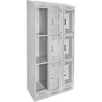 Clean Line Lockers, 3 -tier, Bank of 3, 36" x 18" x 82", Steel, Grey, Rivet (Assembled), Perforated Auto-Cam