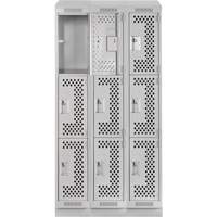 Clean Line Lockers, 3 -tier, Bank of 3, 36" x 18" x 82", Steel, Grey, Rivet (Assembled), Perforated Auto-Cam