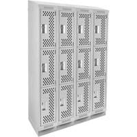 Clean Line Lockers, 3 -tier, Bank of 4, 48" x 18" x 82", Steel, Grey, Rivet (Assembled), Perforated Auto-Cam