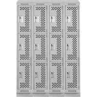Clean Line Lockers, 3 -tier, Bank of 4, 48" x 18" x 82", Steel, Grey, Rivet (Assembled), Perforated Auto-Cam