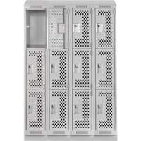 Clean Line Lockers, 3 -tier, Bank of 4, 48" x 18" x 82", Steel, Grey, Rivet (Assembled), Perforated Auto-Cam