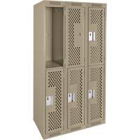 Clean Line Lockers, 2 -tier, Bank of 3, 36" x 12" x 72", Steel, Beige, Rivet (Assembled), Perforated Auto-Cam