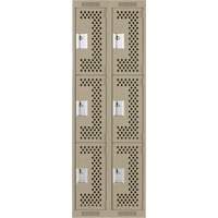 Clean Line Lockers, 3 -tier, Bank of 2, 24" x 12" x 72", Steel, Beige, Rivet (Assembled), Perforated Auto-Cam
