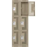 Clean Line Lockers, 3 -tier, Bank of 2, 24" x 12" x 72", Steel, Beige, Rivet (Assembled), Perforated Auto-Cam