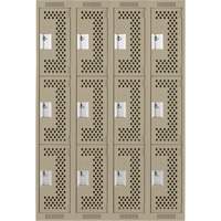 Clean Line Lockers, 3 -tier, Bank of 4, 48" x 12" x 72", Steel, Beige, Rivet (Assembled), Perforated Auto-Cam