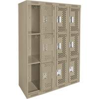 Clean Line Lockers, 3 -tier, Bank of 4, 48" x 12" x 72", Steel, Beige, Rivet (Assembled), Perforated Auto-Cam