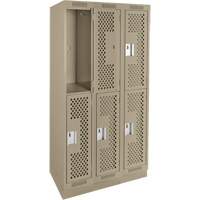 Clean Line Lockers, 2 -tier, Bank of 3, 36" x 12" x 76", Steel, Beige, Rivet (Assembled), Perforated Auto-Cam