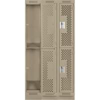 Clean Line Lockers, 2 -tier, Bank of 3, 36" x 12" x 76", Steel, Beige, Rivet (Assembled), Perforated Auto-Cam