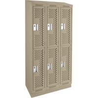Clean Line Lockers, 2 -tier, Bank of 3, 36" x 12" x 82", Steel, Beige, Rivet (Assembled), Perforated Auto-Cam