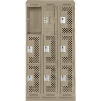 Clean Line Lockers, 3 -tier, Bank of 3, 36" x 18" x 82", Steel, Beige, Rivet (Assembled), Perforated Auto-Cam