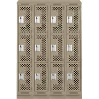 Clean Line Lockers, 3 -tier, Bank of 4, 48" x 18" x 82", Steel, Beige, Rivet (Assembled), Perforated Auto-Cam