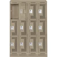 Clean Line Lockers, 3 -tier, Bank of 4, 48" x 18" x 82", Steel, Beige, Rivet (Assembled), Perforated Auto-Cam