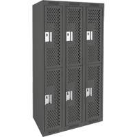 Clean Line Lockers, 2 -tier, Bank of 3, 36" x 12" x 72", Steel, Charcoal, Rivet (Assembled), Perforated Auto-Cam