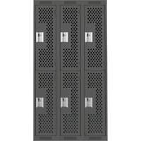 Clean Line Lockers, 2 -tier, Bank of 3, 36" x 12" x 72", Steel, Charcoal, Rivet (Assembled), Perforated Auto-Cam