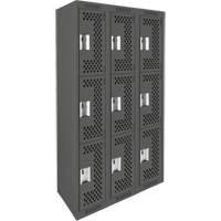 Clean Line Lockers, 3 -tier, Bank of 3, 36" x 12" x 72", Steel, Charcoal, Rivet (Assembled), Perforated Auto-Cam